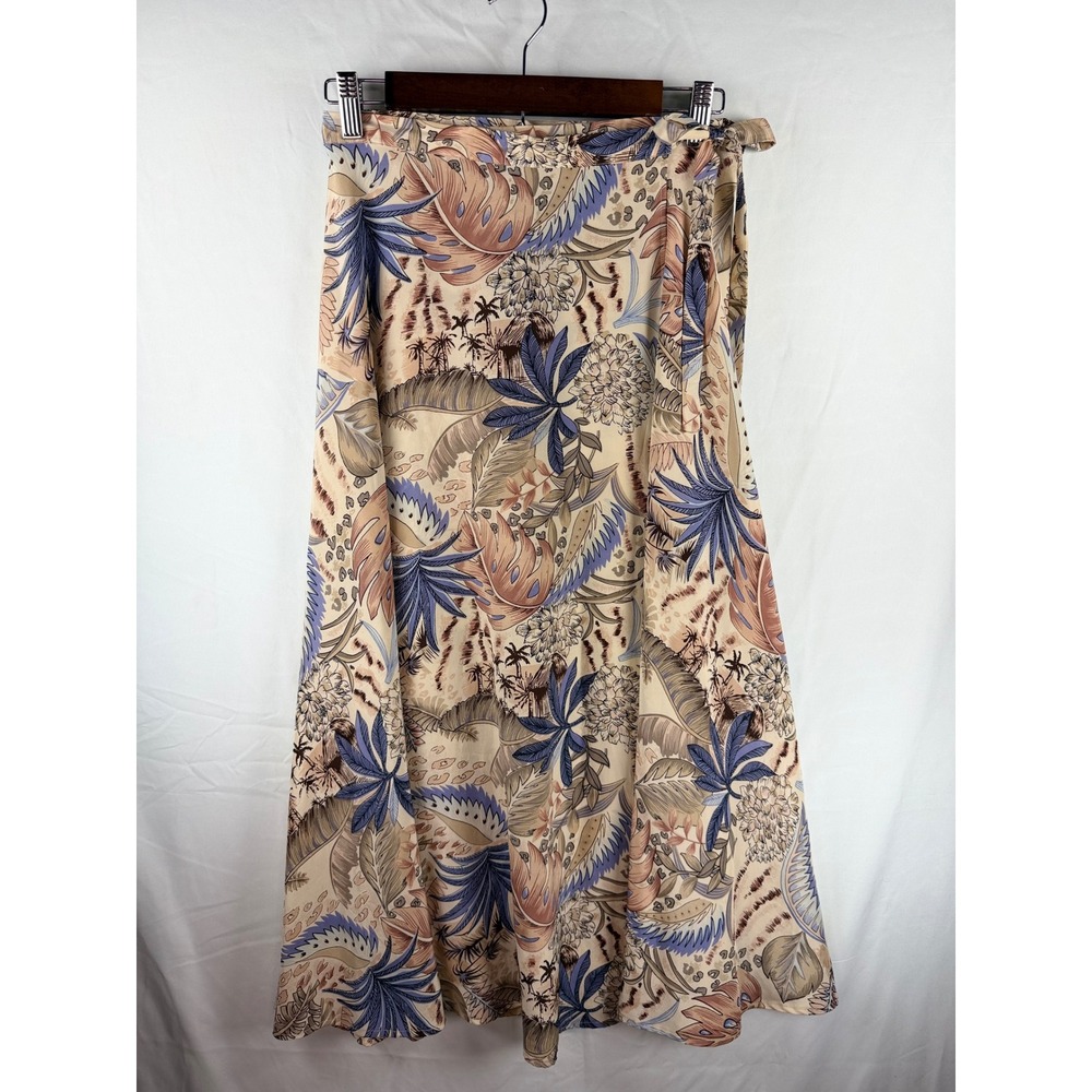 Fu Da Fine Silk Tropical Palm Floral Wrap Maxi Skirt Petite M 100% Silk Tan Blue